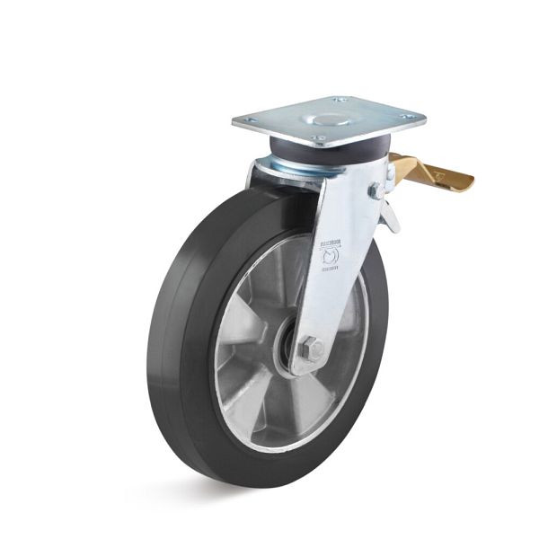 Torwegge Elastik-Vollgummi Lenkrolle mit Doppelstopp, Tragfähigkeit 400 kg, Rad-Ø 250 mm, Radbreite 50 mm, Ausladung 66 mm, 0029686