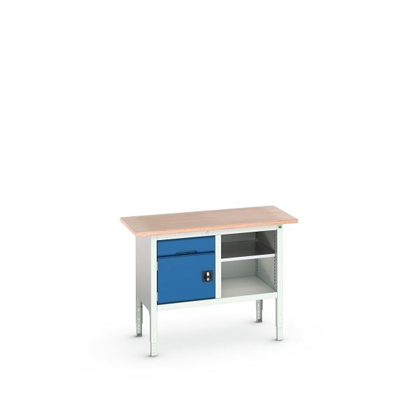 bott verso Kastenwerkbank (Multiplex-Platte) mit 1 Schublade, 1 Tür und Ablageboden, BxTxH: 1250 x 600 x 830 - 930 mm, Lichtgrau / Enzianblau, 16923000.11