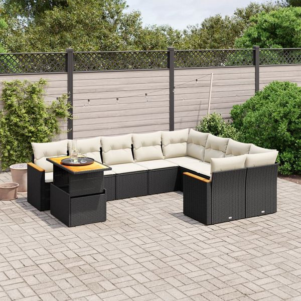 vidaXL 10-teilig Garten-Sofagarnitur mit Kissen Schwarz Poly Rattan, 3273240