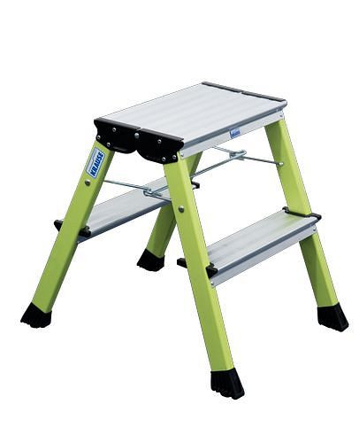 DENIOS Doppel-Klapptritt aus Aluminium, mit "Stopp-Automatik" und 2 x 2 Stufen, grün, 257456