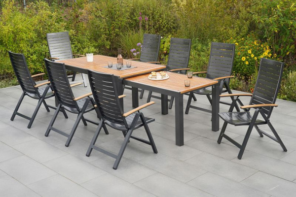Merxx Astros Set 9-teilig, 8 Astros Klappsessel, 1 Flex Ausziehtisch 180 (300) x 100 cm, Aluminium mit FSC Akazienholz, 50630-217