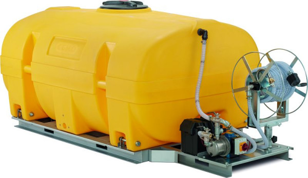 Cemo Mobiles Bewässerungssystem BWS 130-PE, FA 5000l, Elektropumpe 24V, Schwallwänden, Li-Ion Akku und Haspel, schwenkbar, Gelb RAL 1023, 12203