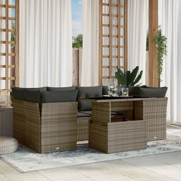 vidaXL 7-teilig Garten-Sofagarnitur mit Kissen Grau Poly Rattan, 3266380