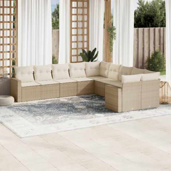 vidaXL 10-tlg. Garten-Sofagarnitur mit Kissen Beige Poly Rattan, 3219498