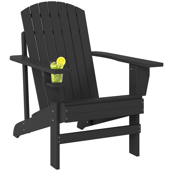 Outsunny Adirondack-Gartenstuhl mit Becherhalter Gartenliege Balkonstuhl Massivholz Schwarz 72 x 95 x 93 cm, 84B-285BK