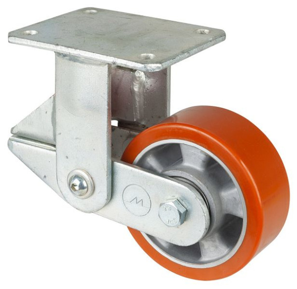 BS Rollen Gefederte Schwerlastrolle, Bockrolle, Breite 50 mm, Ø125 mm, bis 450 kg, Guss-Polyurethan 95 Shore A, Aluminium, Kugellager, T110.B90.125
