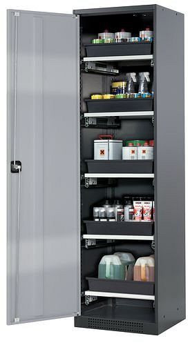 asecos Chemikalienschrank Systema-T CS-55L, Korpus anthrazit, Flügeltüren silber, 5 Tablarauszüge, 208954