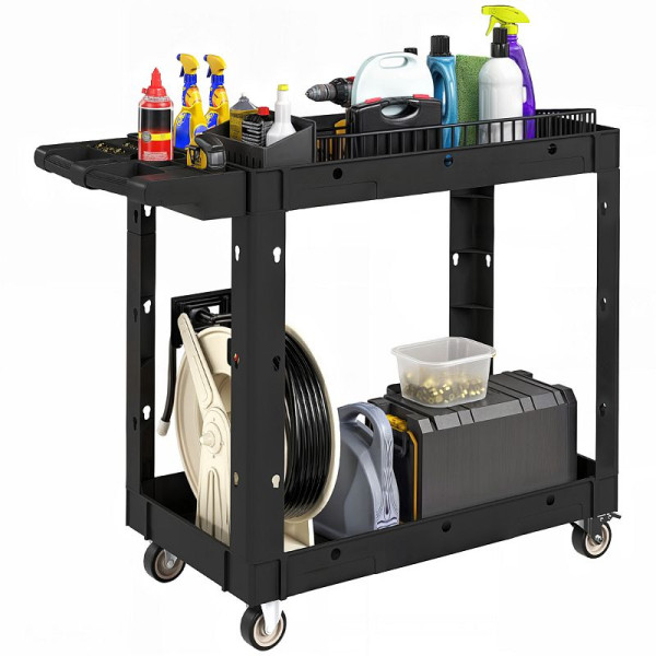 HOMCOM Werkzeugwagen, 2-stöckige Ablagen, Griff, Räder, Kunststoff, Schwarz, B20-118V00BK