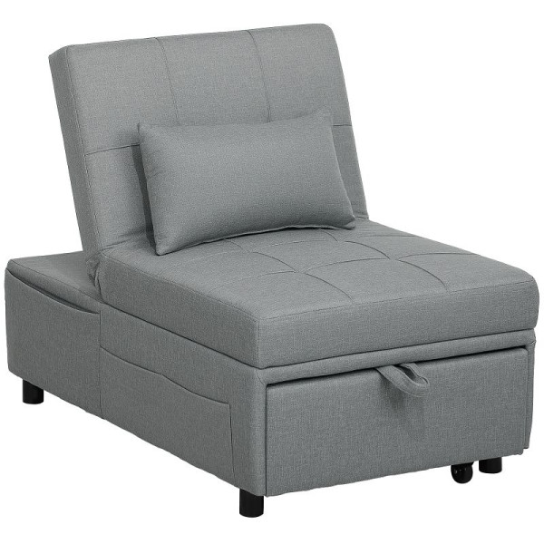 HOMCOM 3-in-1 Klappsessel mit Seitentasche, Gästebett mit Kissen, Verstellbarer Rückenlehne, Bettsessel mit Rollen, Hellgrau, 839-858V00LG