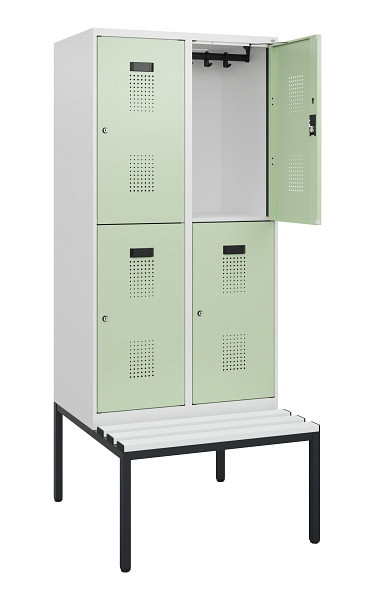 C+P Doppelstöckiger Spind Evolo PLUS, Bank, 4 Fächer, 1950x800x815mm, 9016/6019, Zylinderschloss, Sitzfläche Kunststoff, Sitzbank, 0493505-22 S10154