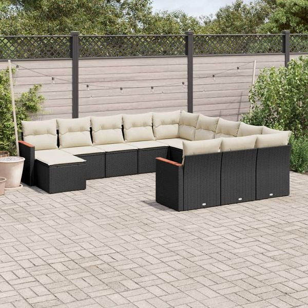vidaXL 12-teilig Garten-Sofagarnitur mit Kissen Schwarz Poly Rattan, 3226581