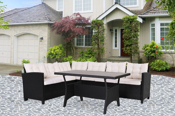 casaria Polyrattan Lounge-Set Schwarz/Creme WPC Tischplatte, 992849