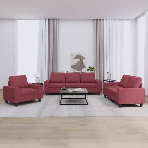vidaXL 3-tlg. Sofagarnitur Weinrot Stoff, Polyester, 3201872