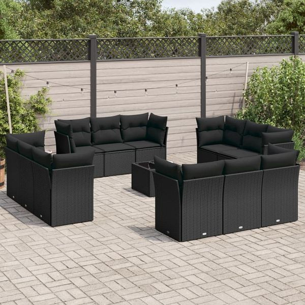 vidaXL 13-teilig Garten-Sofagarnitur mit Kissen Schwarz Poly Rattan, 3217335