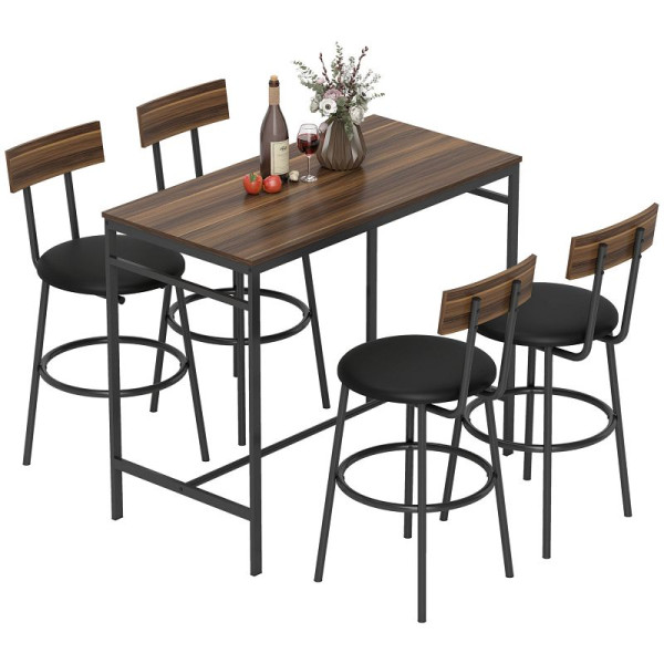 HOMCOM 5-teiliges Bartisch Set mit 4 Stühlen, industrielles Design, für Küche, Esszimmer, Holz, Stahl, Braun, 83A-321V00BN