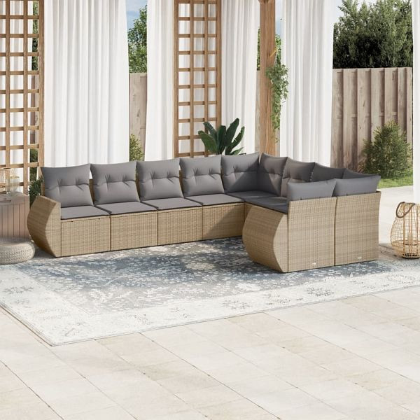 vidaXL 9-teilig Garten-Sofagarnitur mit Kissen Beige Poly Rattan, 3221838