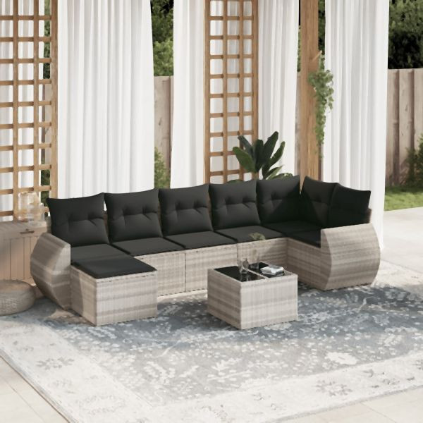 vidaXL 8-tlg. Garten-Sofagarnitur mit Kissen Hellgrau Poly Rattan, 3221691