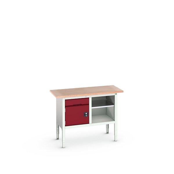 bott verso Kastenwerkbank (Multiplex-Platte) mit 1 Schublade, 1 Tür und Ablageboden, BxTxH: 1250 x 600 x 830 - 930 mm, Lichtgrau / Purpurrot, 16923000.24