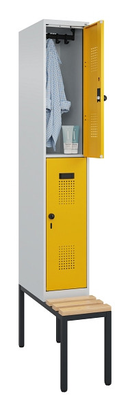 C+P Doppelstock-Spind Evolo PLUS, Bank, 2 Fächer, 2120x300x815mm, 7035/1004, Drehriegel, Sitzfläche Buche-Hartholz, Sitzbank, 0493507-10 S10000