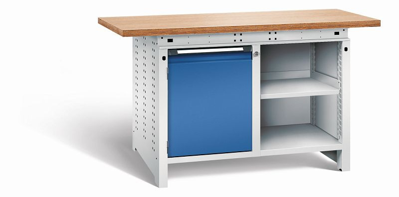 Otto Kind Werkbank Serie function Typ 210, Multiplexplatte 40 mm, überstehend, 2x Unterbau, Gehäuse RAL 7035, Front RAL 5010, 072340286