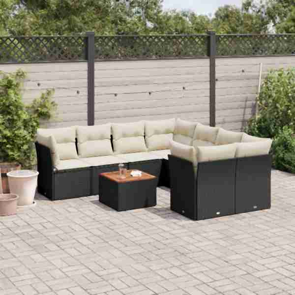 vidaXL 9-tlg. Garten-Sofagarnitur mit Kissen Schwarz Poly Rattan, UV-beständig, 3223529