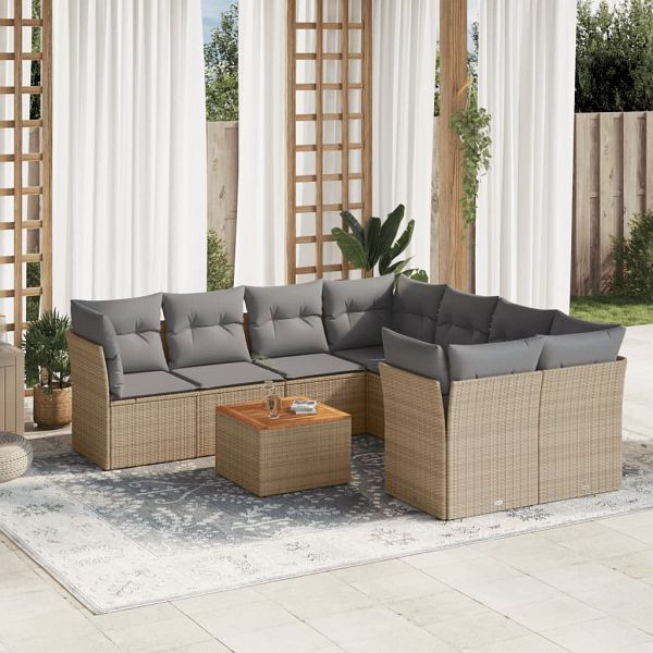vidaXL 9-tlg. Garten-Sofagarnitur mit Kissen Beige Poly Rattan, 3255863
