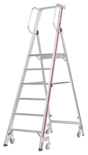 HYMER Plattformleiter mit Handlauf und Rollen, 6 Stufen, Standhöhe 1,40 m, 858006
