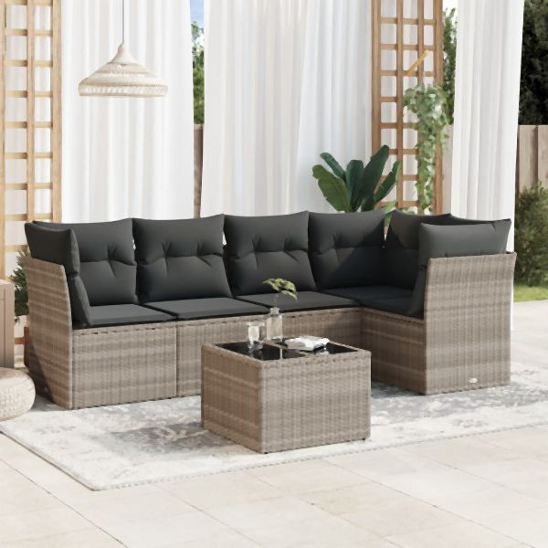 vidaXL 6-tlg. Garten-Sofagarnitur mit Kissen Hellgrau Poly Rattan, 3217612
