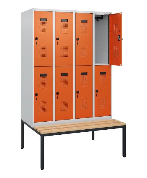C+P Doppelstöckiger Spind Evolo PLUS, Bank, 8 Fächer, 1950x1200x815mm, 7035/2004, Drehriegel, Sitzfläche Buche-Hartholz, Sitzbank, 0493505-40 S10002