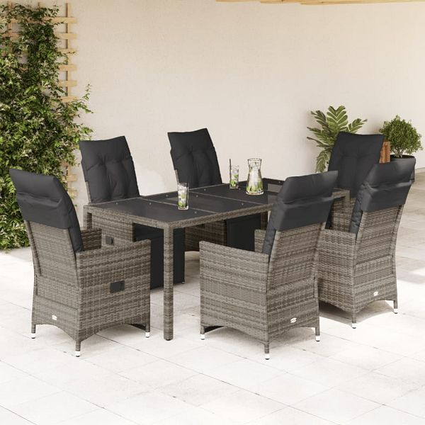 vidaXL 7-tlg. Garten-Bistro-Set mit Kissen Grau Poly Rattan, 3276897