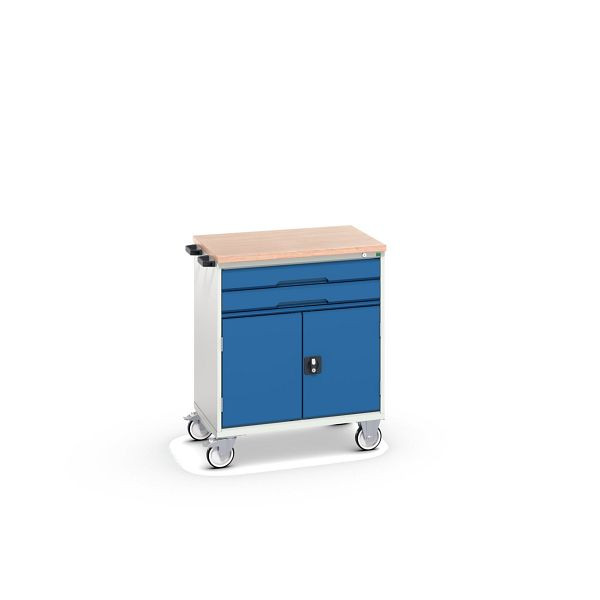 bott verso mobiler Schubladenschrank, mit 2 Schubaden, Tür und Multiplex-Top, BxTxH: 800 x 600 x 980 mm, Lichtgrau / Enzianblau, 16927010.11