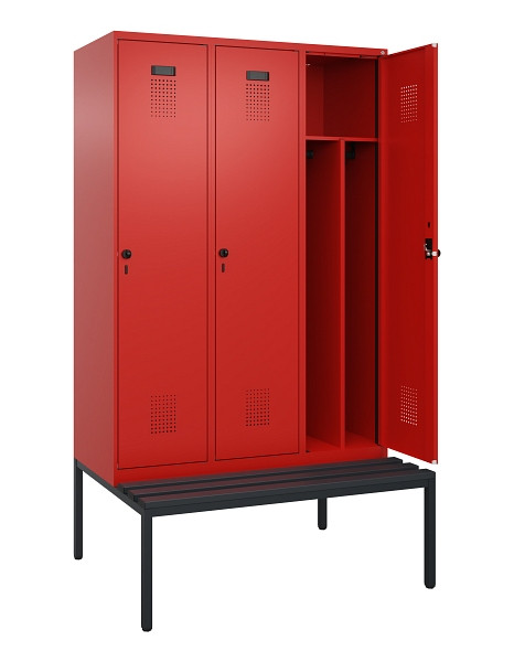 C+P Spind Evolo PLUS, 3 Abteile, 2120x1200x815mm, 3020/3020, Haken 4, Drehriegel, Sitzfläche Kunststoff, Sitzbank, Trennwand, 0490507-32F S10079
