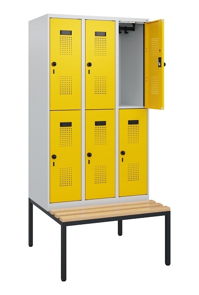 C+P Doppelstöckiger Spind Evolo PLUS, Bank, 6 Fächer, 1950x900x815mm, 7035/1023, Drehriegel, Sitzfläche Buche-Hartholz, Sitzbank, 0493505-30 S10001