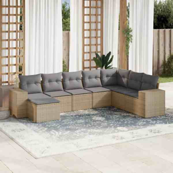 vidaXL 8-tlg. Garten-Sofagarnitur mit Kissen Beige Poly Rattan, UV-beständig, 3222958