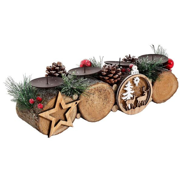 Mendler Adventsgesteck HWC-M14 mit Kerzenhalter, Adventskranz Weihnachtsgesteck Holz FSC® 12x41x12cm, ohne Kerzen, 103805