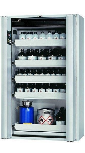 asecos Sicherheitsschrank S-PHOENIX touchless-90, S90.196.120.FDAO in lichtgrau RAL 7035 mit 5x Auszugswanne Standard (Stahlblech), 30120-001-30148