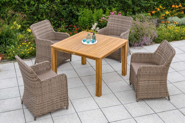Merxx Riviera Set 9-teilig, 4 Riviera Sessel inkl. Sitzkissen, 1 Tisch 110 x 110 cm, Akazienholz, naturgrau, 50481-253