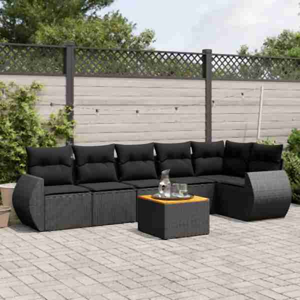 vidaXL 7-tlg. Garten-Sofagarnitur mit Kissen Schwarz Poly Rattan, UV-beständig, 3225012