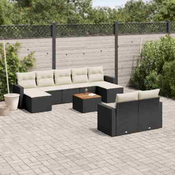 vidaXL 10-tlg. Garten-Sofagarnitur mit Kissen Schwarz Poly Rattan, UV-beständig, 3256665