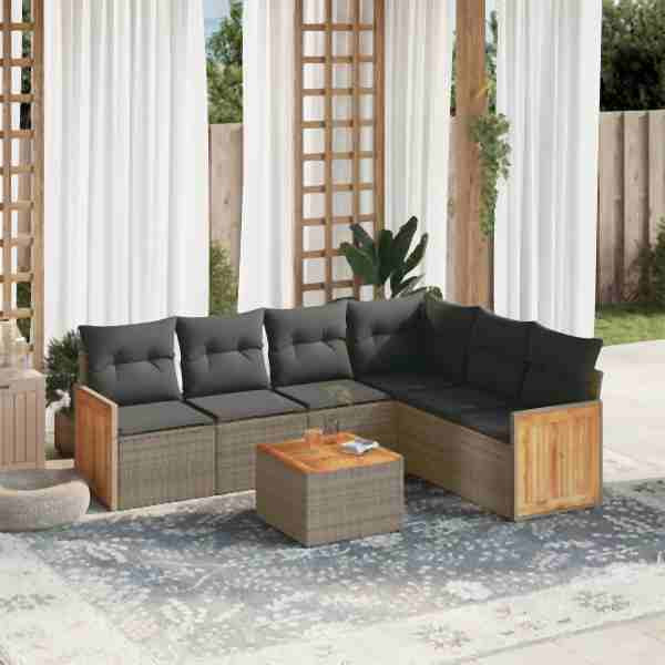 vidaXL 7-tlg. Garten-Sofagarnitur mit Kissen Grau Poly Rattan, UV-beständig, 3260093