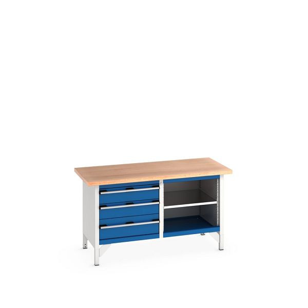 bott cubio Kastenwerkbank mit 3 Schubladen, Ablage, Multiplex-Arbeitsplatte, BxTxH: 1500x750x840mm, RAL 7035/5010, Enzianblau, 41002166.11V