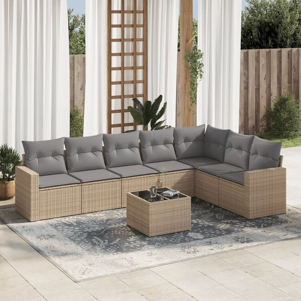 vidaXL 8-tlg. Garten-Sofagarnitur mit Kissen Beige Poly Rattan, 3219049
