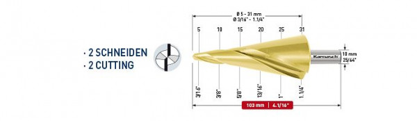 Karnasch Blechschälbohrer HSS-XE, TIN-Gold beschichtet Spiral genutet - 2 Schneiden 5-31mm, 201473
