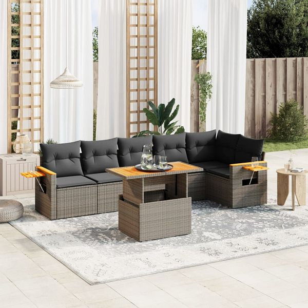 vidaXL 7-teilig Garten-Sofagarnitur mit Kissen Grau Poly Rattan, 3273531