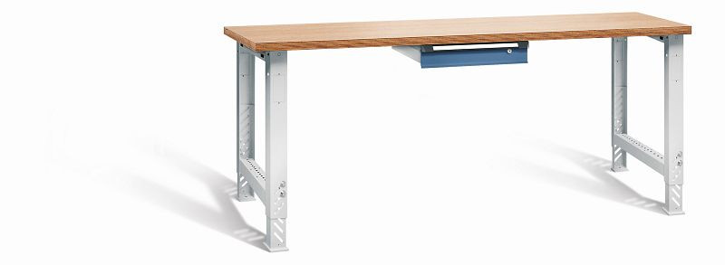 Otto Kind Werkbank function Typ 2004S, überstehende Multiplex-Arbeitsplatte, 2 höhenverstellbare Fußgestelle, Gehäuse RAL 7035, Front RAL 5023, 072182064