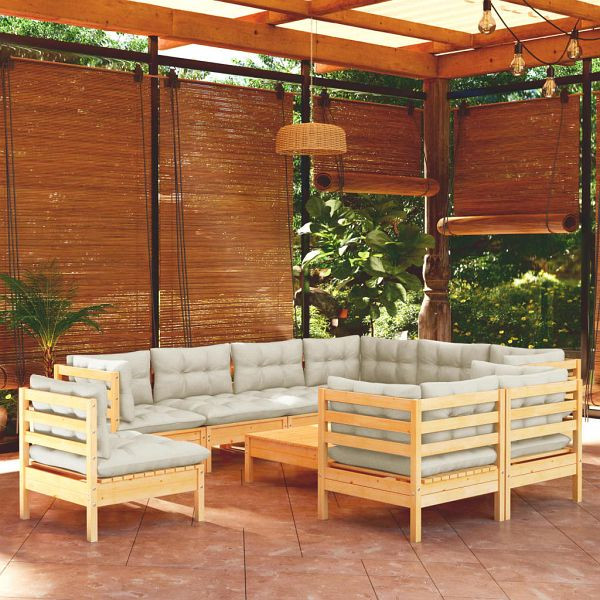 vidaXL 10-tlg. Garten-Lounge-Set mit Creme Kissen Massivholz Kiefer, 3096773