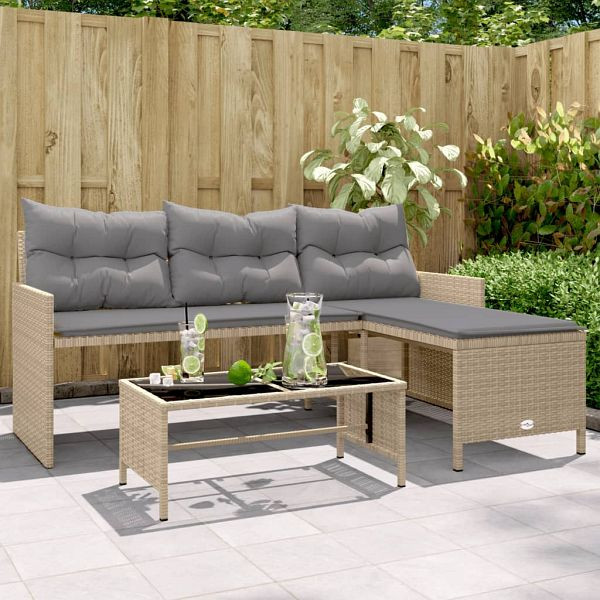 vidaXL Gartensofa in L-Form mit Tisch und Kissen Beige Poly Rattan, 365576