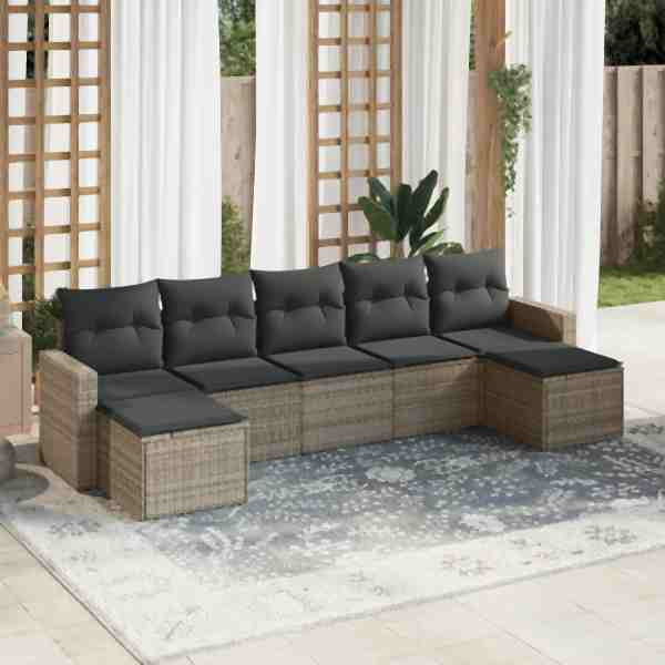 vidaXL 7-tlg. Garten-Sofagarnitur mit Kissen Grau Poly Rattan, UV-beständig, 3251677