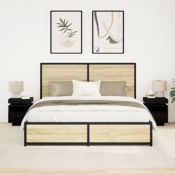 vidaXL Nachttisch mit LED-Lichtern 2 Stück Schwarz Eiche 40x39x48,5 cm, 862187