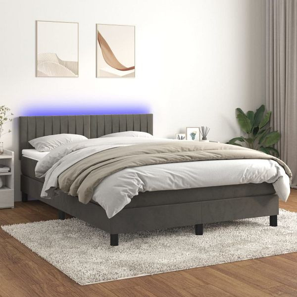 vidaXL Boxspringbett mit Matratze & LED Dunkelgrau 140x200 cm Samt, 3134526